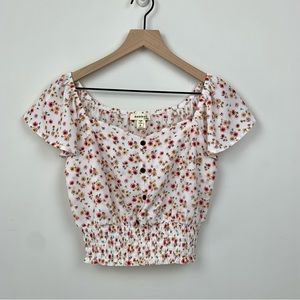 Monteau Cream Pink & Yellow Floral Crop Blouse, S